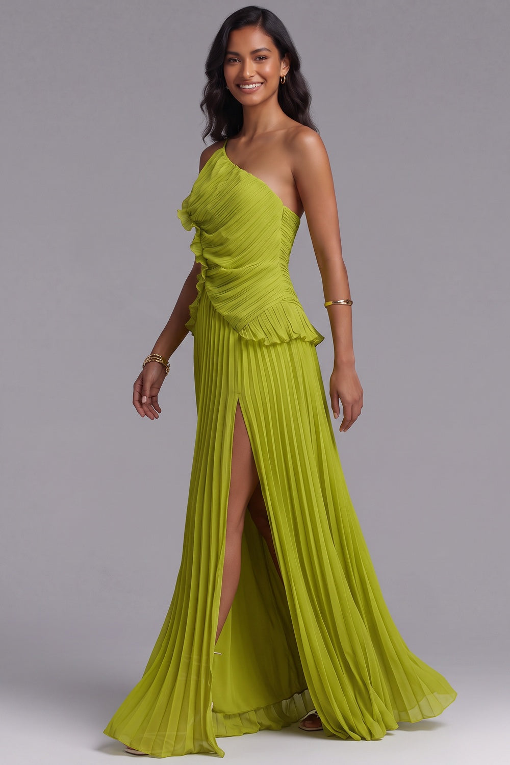 98bc4498445bf55b LIME GREEN CHIFFON A-LINE EVENING GOWN