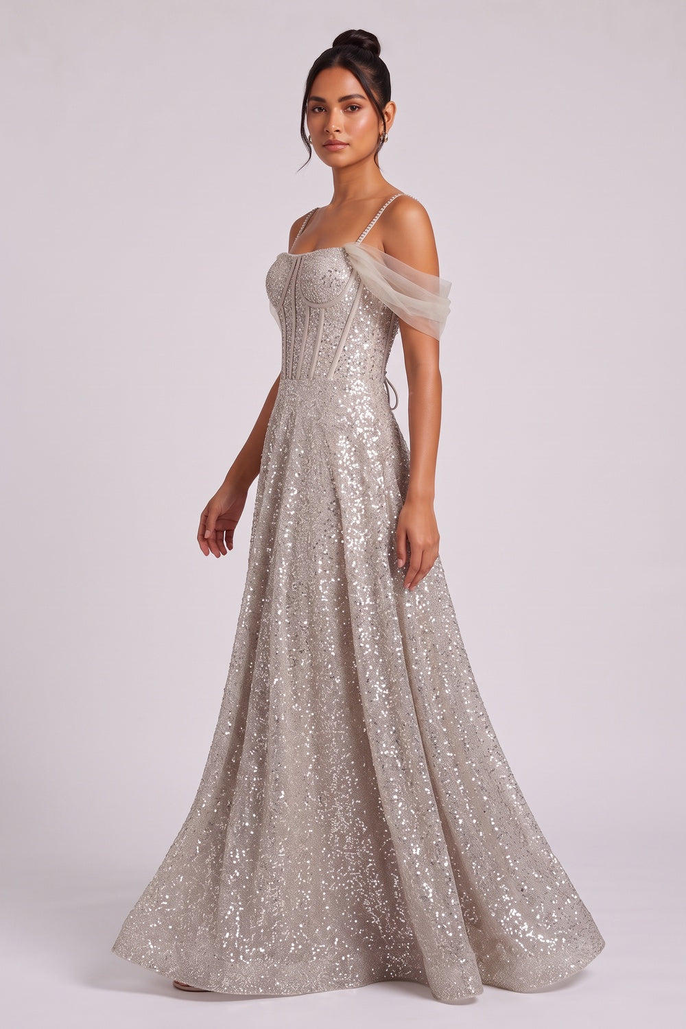 98ca3bdfcab0cf2d CHAMPAGNE SEQUIN TULLE A-LINE EVENING GOWN