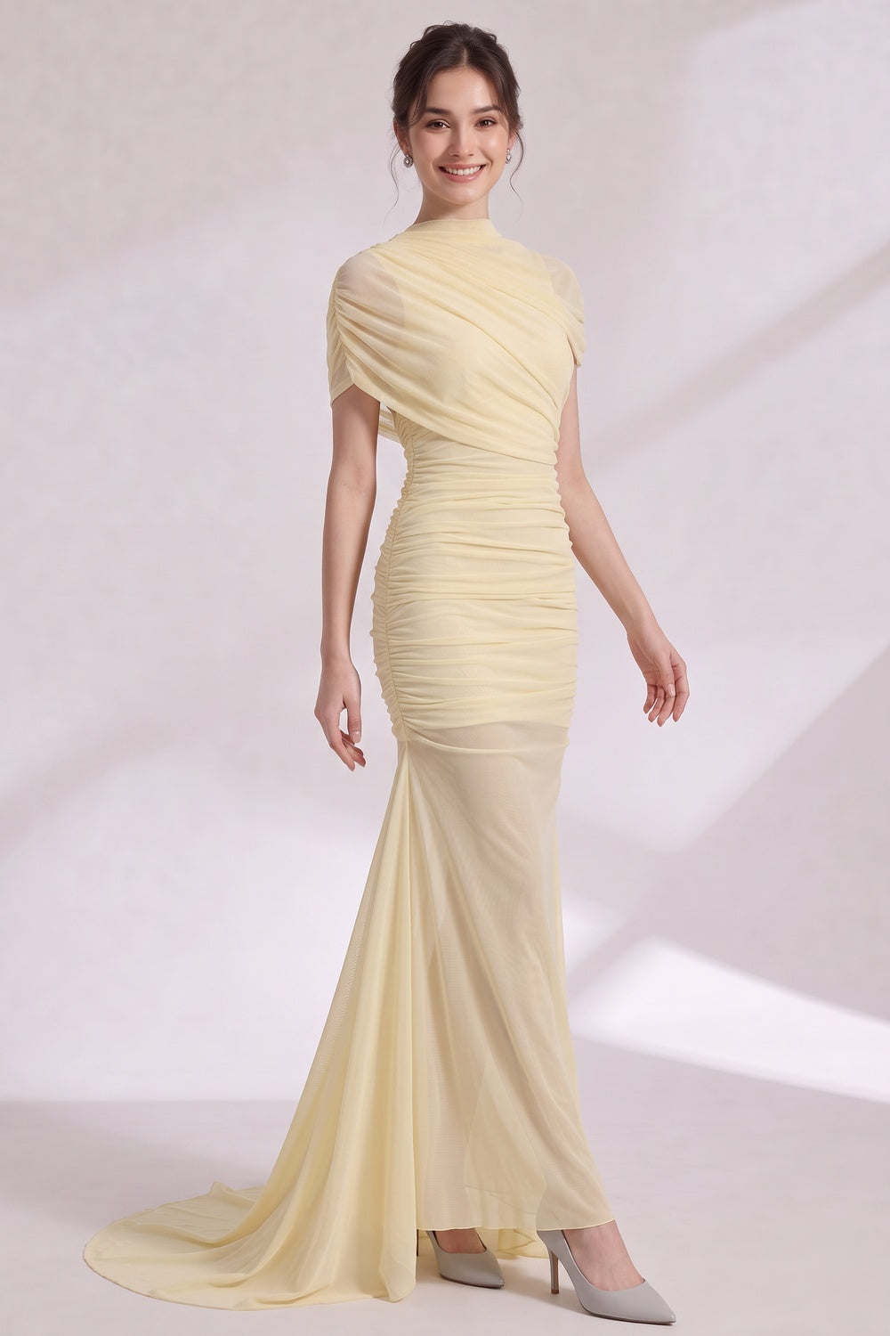 990df67b12bca832 PALE YELLOW SHEER MERMAID EVENING GOWN WITH TRAIN