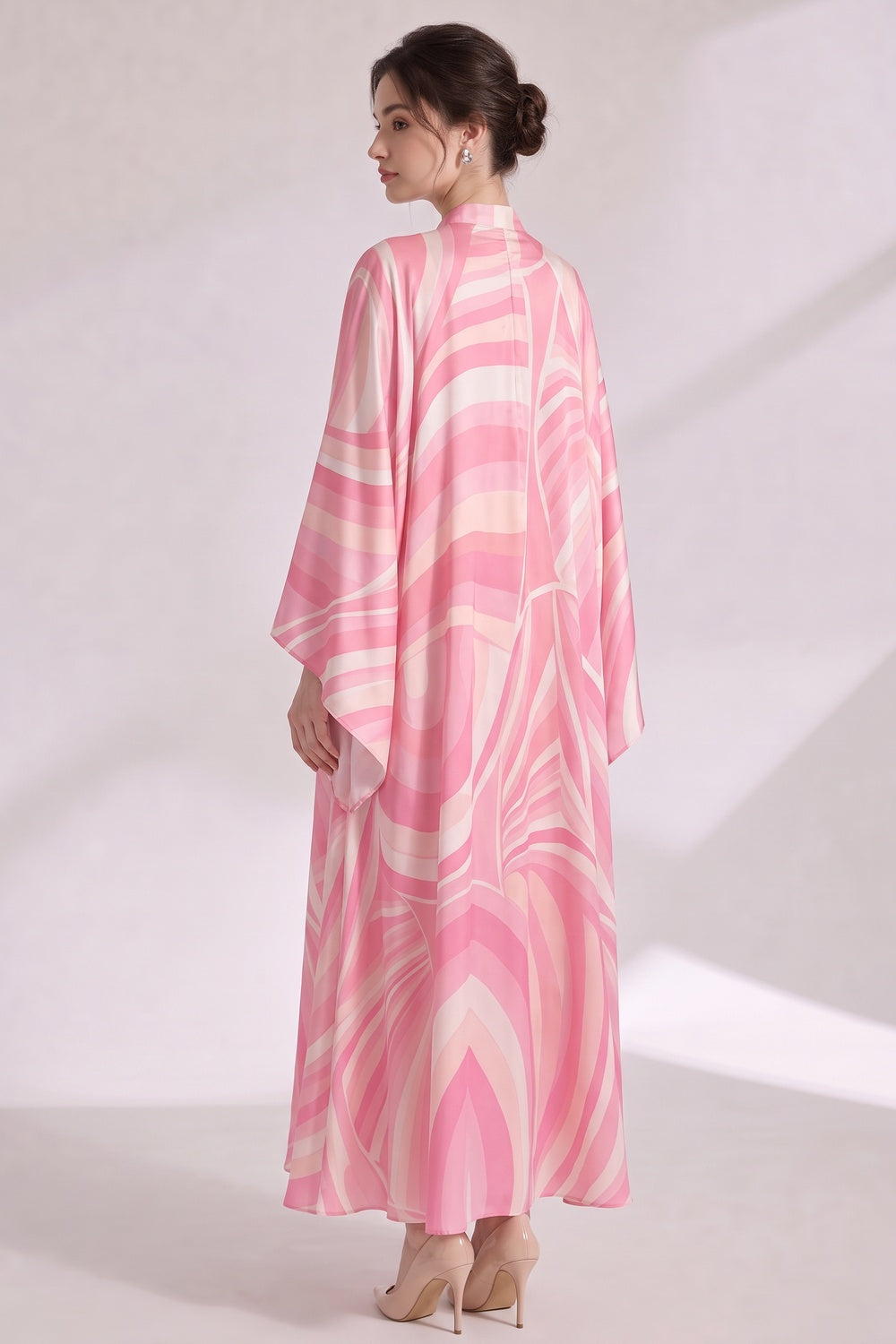 99483032f05a3f31 PINK SILK SATIN PSYCHEDELIC SWIRL KAFTAN DRESS