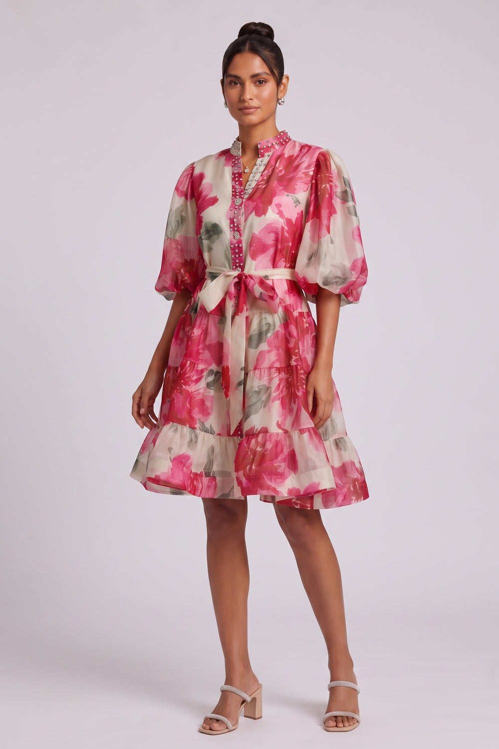 997f0ed2b5db9b40 CREAM WATERCOLOR FLORAL A-LINE PUFF SLEEVE PARTY DRESS