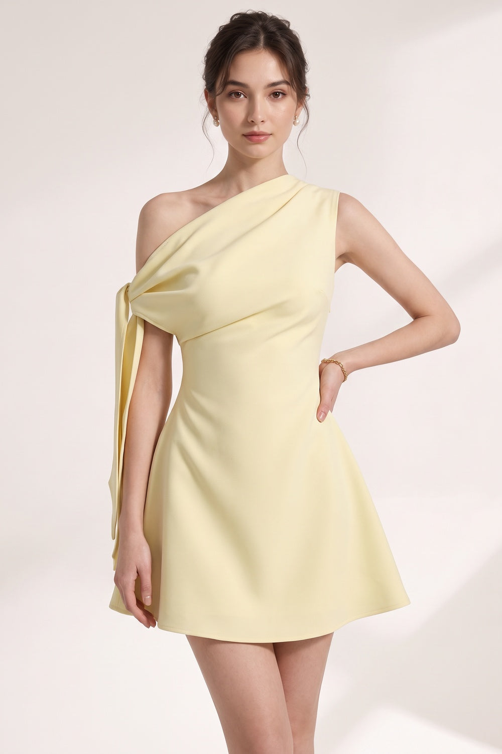 99936c39f6fe3354 PALE YELLOW ONE-SHOULDER A-LINE MINI DRESS