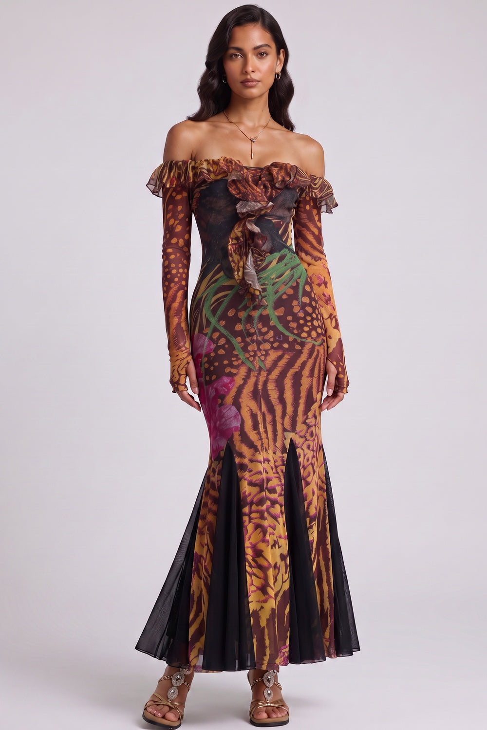 BROWN MERMAID MESH EVENING DRESS