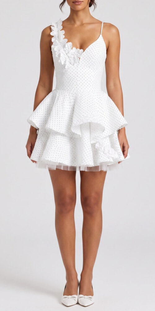 99ef5a27c0ba532e ASYMMETRIC STRAP POLKA DOT RUFFLE MINI DRESS