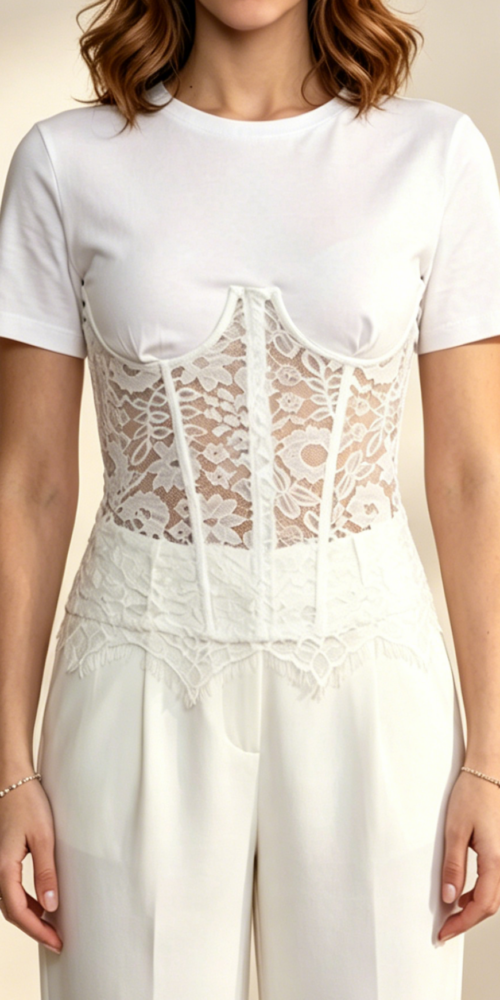 9_71436231-9ef8-4c6e-be11-57be808b70c6 WHITE SPLICED LACE CORSET TEE FOR WEDDING