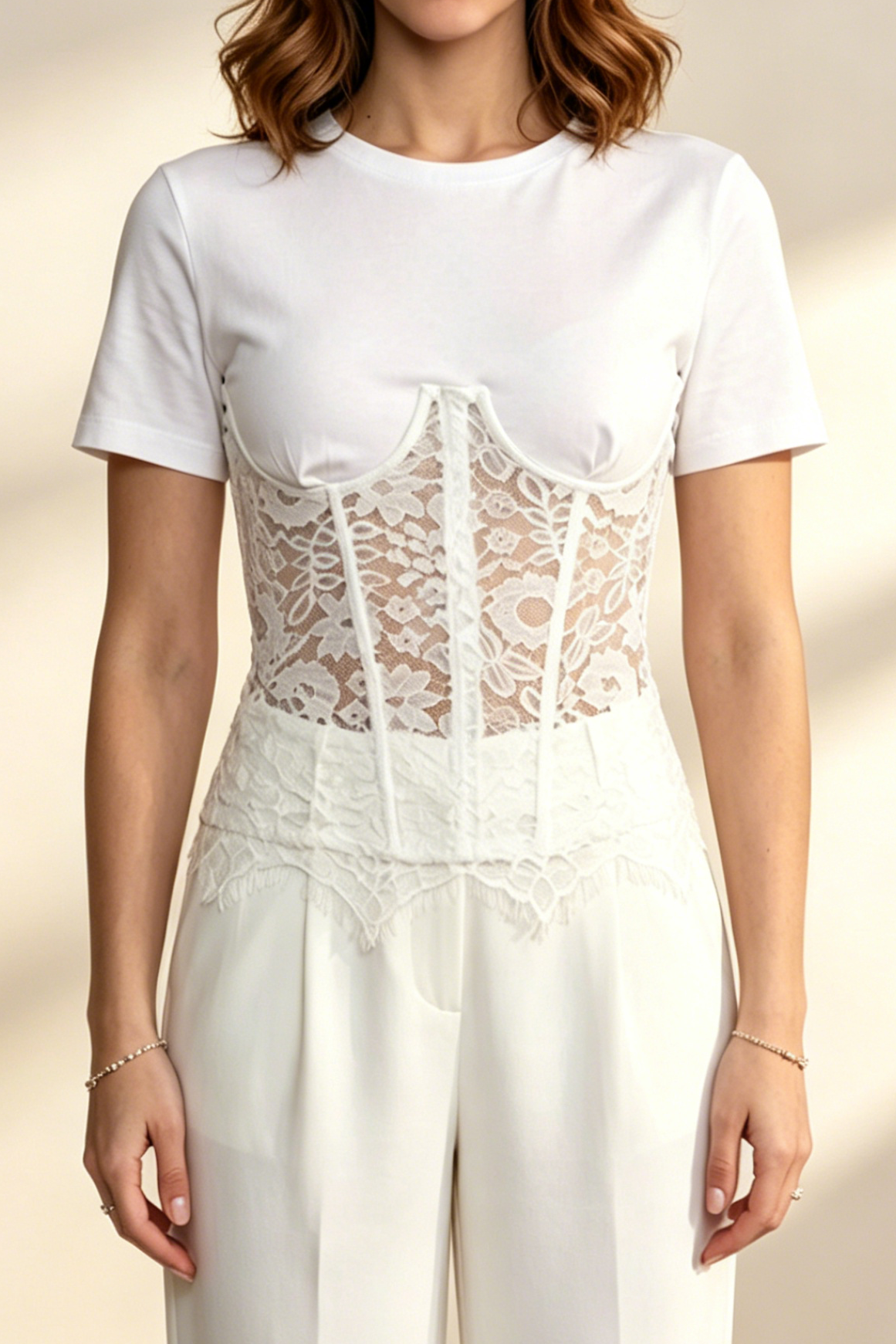 WHITE SPLICED LACE CORSET TEE FOR WEDDING