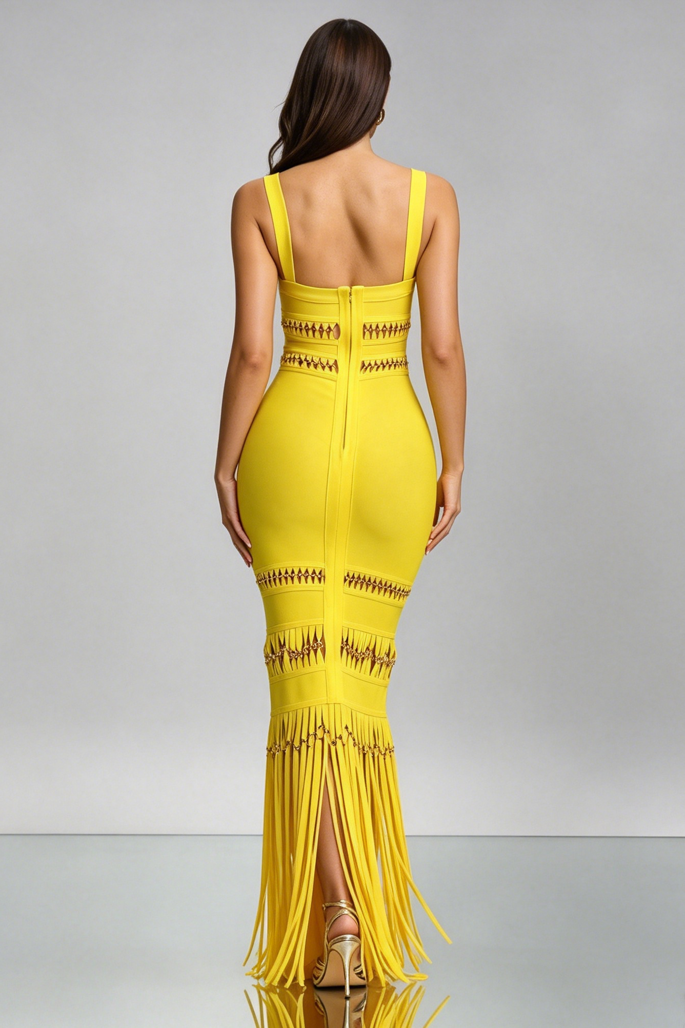 9_e07ee48e-9fce-40f6-80e4-9f3fca6b08af BRIGHT YELLOW CUTOUT FRINGE BANDAGE MERMAID MAXI DRESS