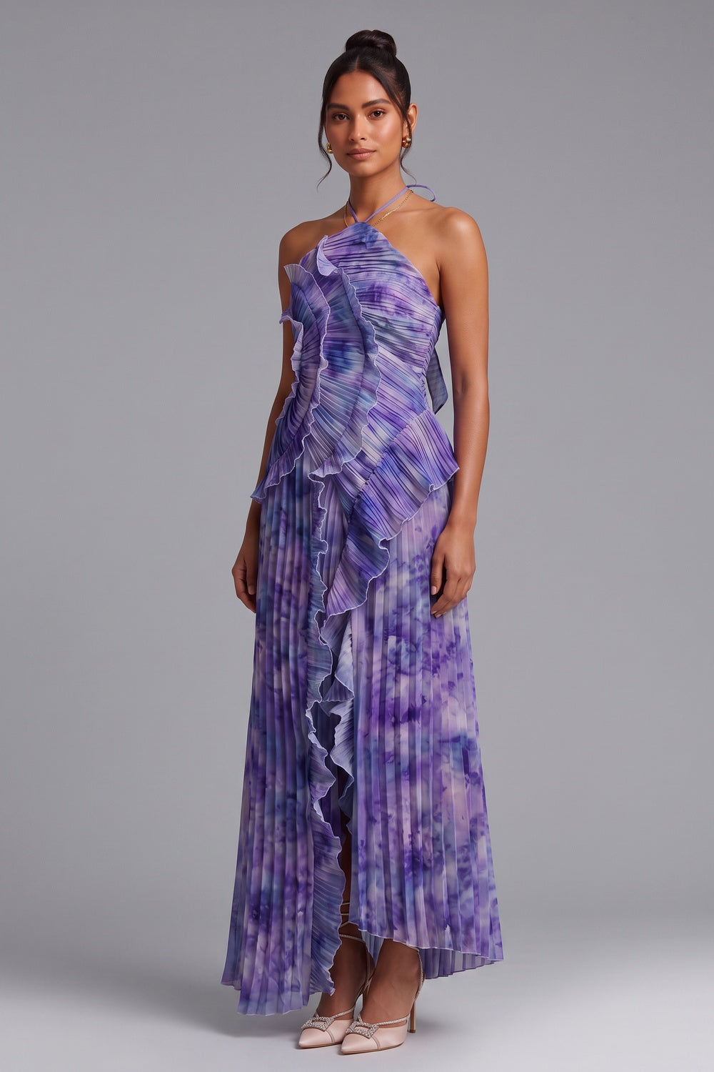 9a13f3fbbb73d3b1 PURPLE TIE-DYE PLEATED CHIFFON A-LINE MAXI DRESS