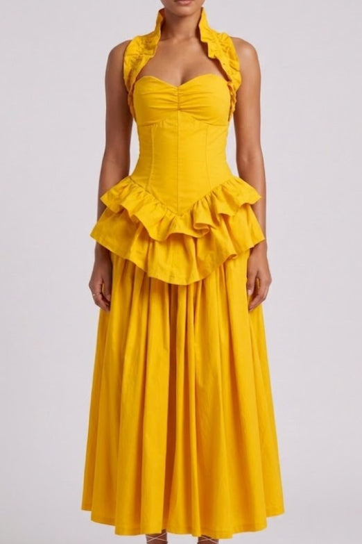 9a5be789-acd4-4467-a494-330036d7b55b YELLOW RUFFLED PEPLUM MIDI DRESS FOR WEDDING GUEST