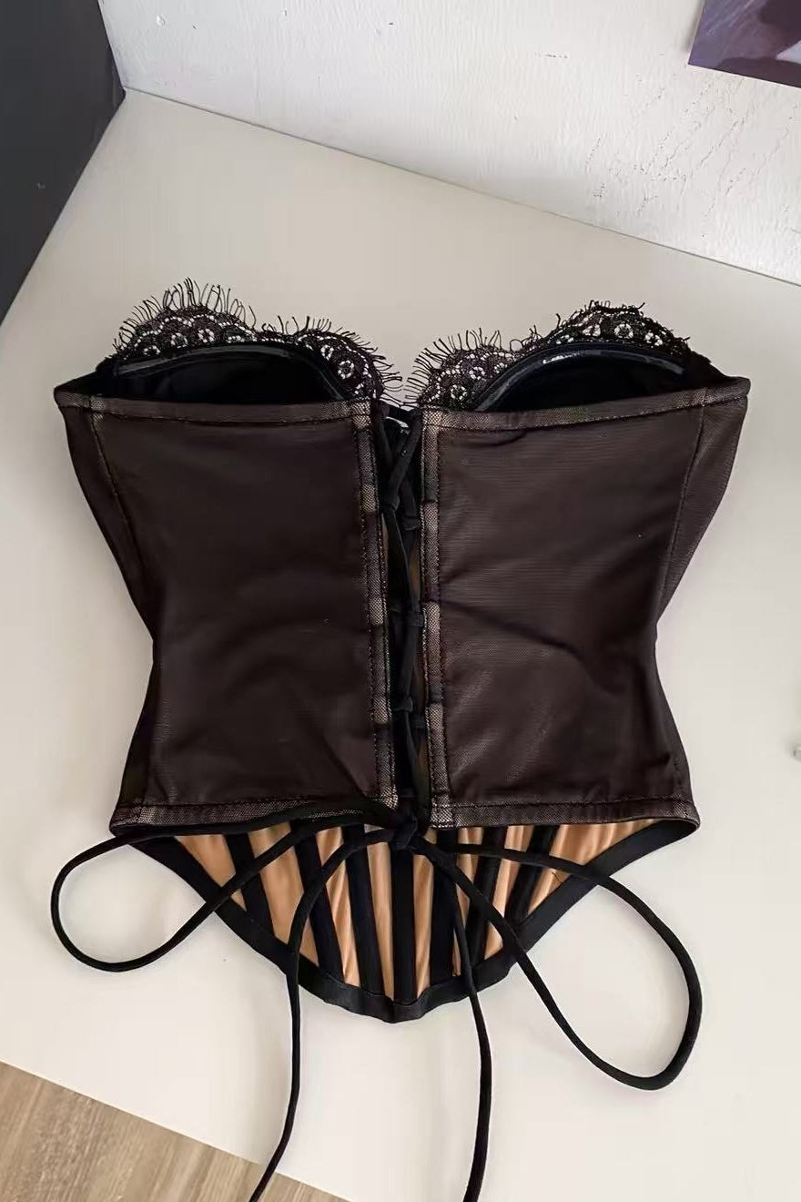 FLORAL LACE SATIN BONED STRAPLESS CORSET TOP FOR WEDDING