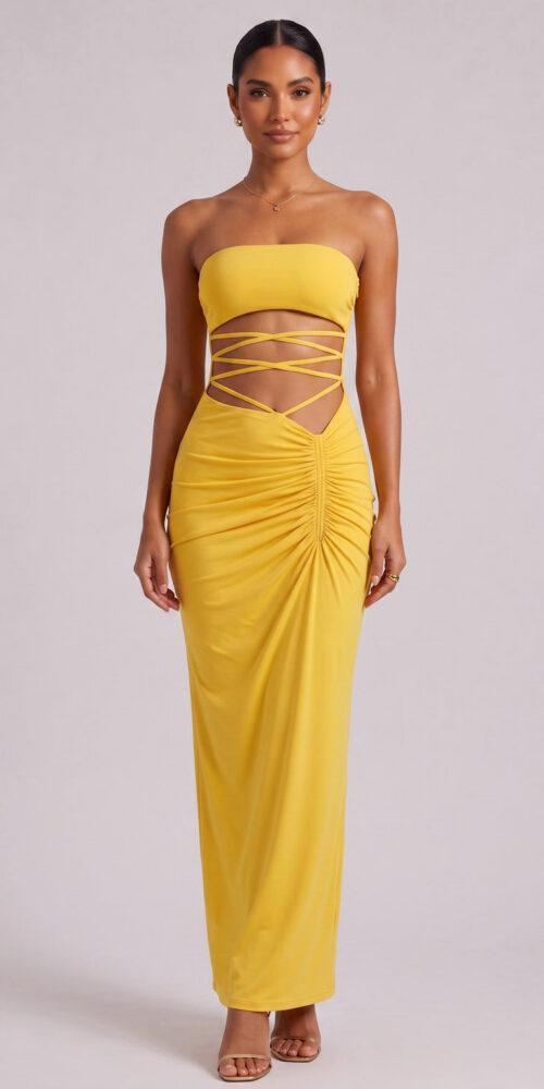 9af9bebaff84fd26 YELLOW STRAPLESS MAXI DRESS SIDE CUTOUT PARTY