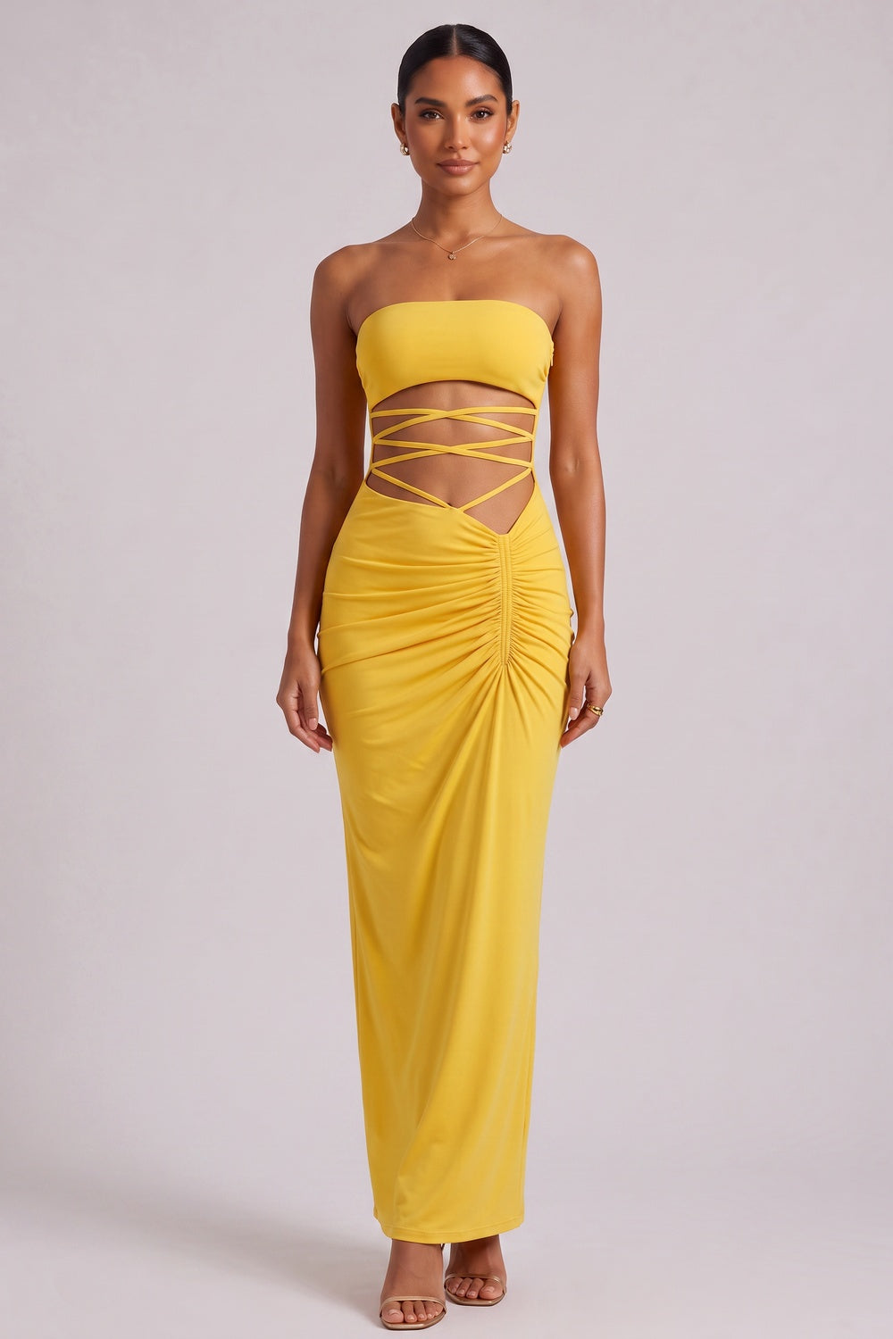 9af9bebaff84fd26 YELLOW STRAPLESS MAXI DRESS SIDE CUTOUT PARTY