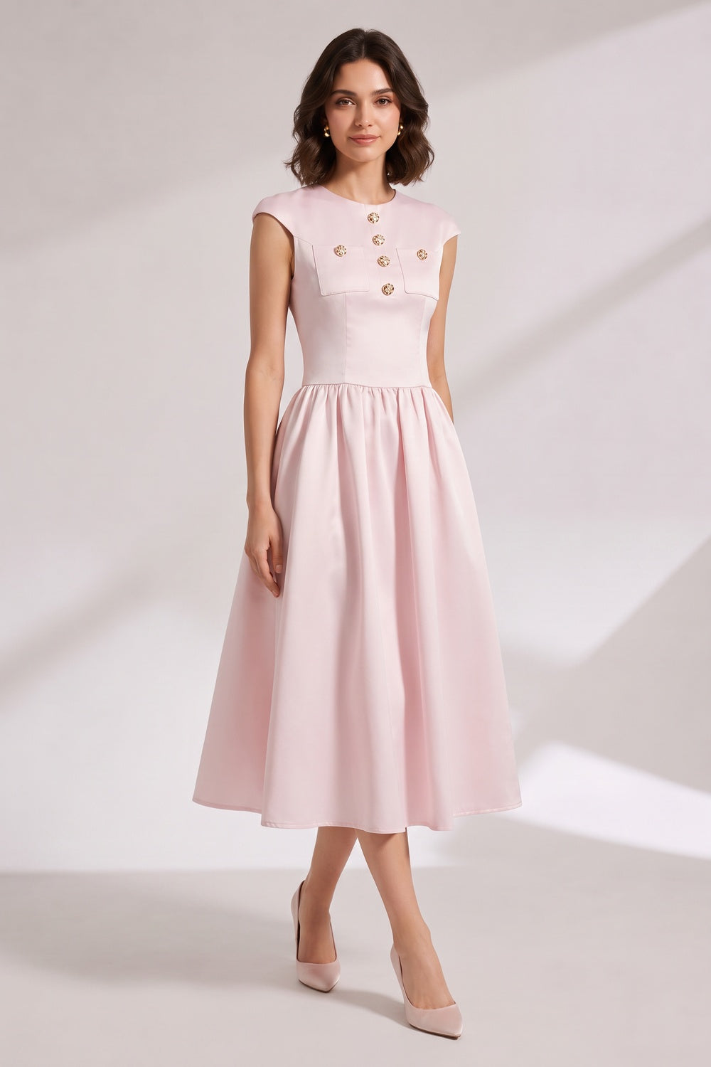 9b2d772cb3052fd7 PINK CAP SLEEVE MIDI DRESS WITH BACK ZIP
