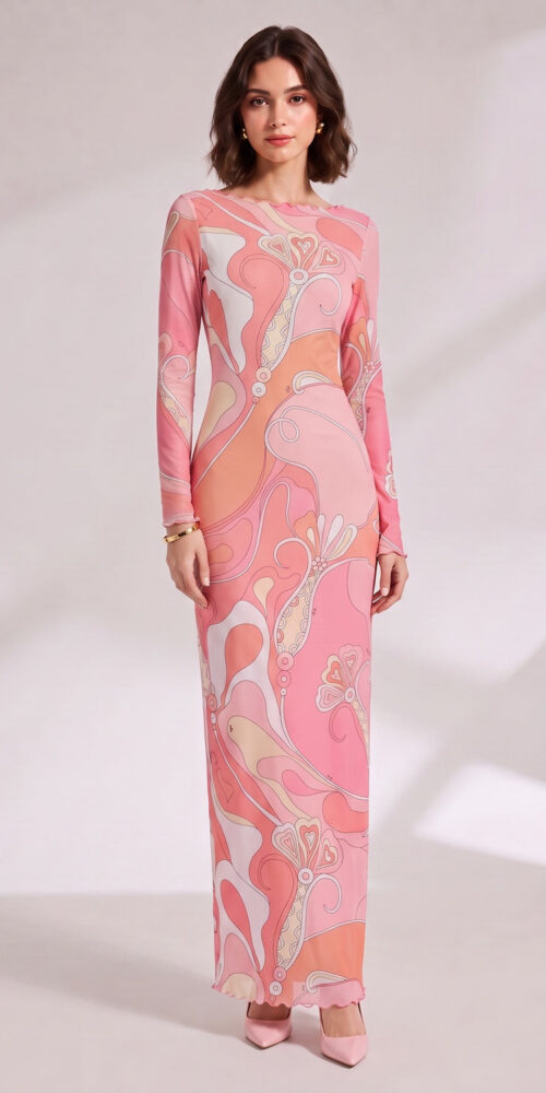 RETRO ABSTRACT MESH MAXI DRESS, LONG-SLEEVE, EVENING