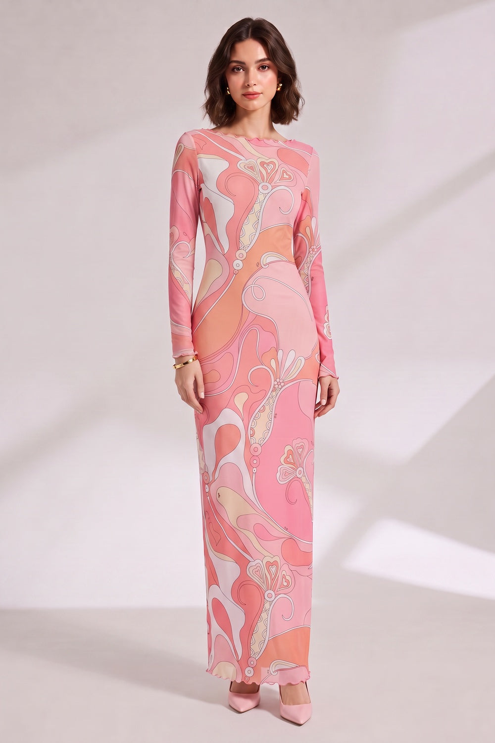 9b540637e07181a4 RETRO ABSTRACT MESH MAXI DRESS, LONG-SLEEVE, EVENING
