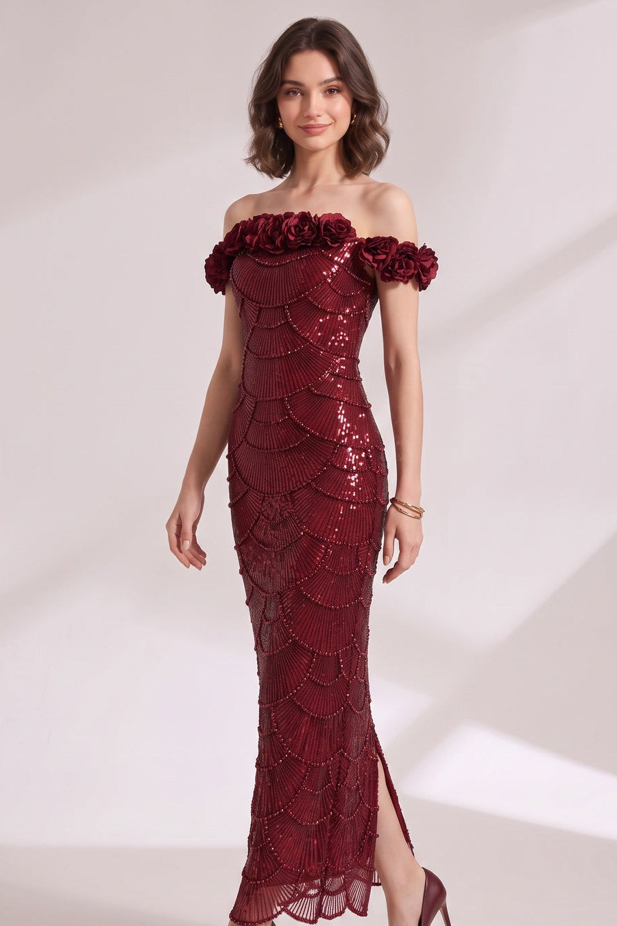 BURGUNDY SEQUIN MESH COLUMN GOWN