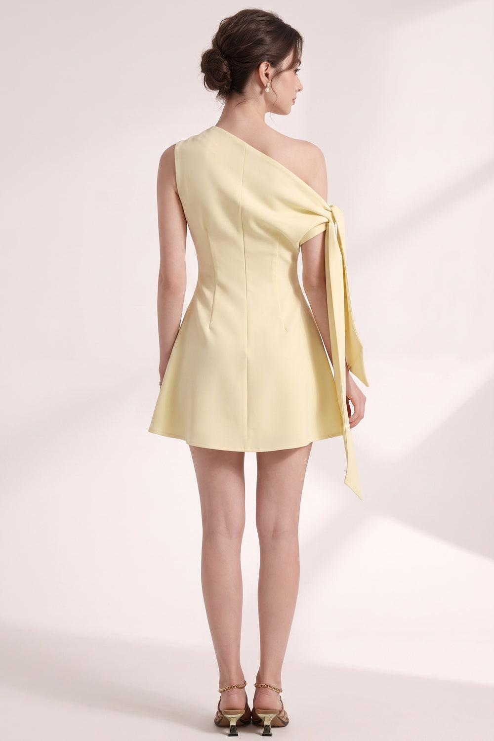 9bfdce70630101b9 PALE YELLOW ONE-SHOULDER A-LINE MINI DRESS