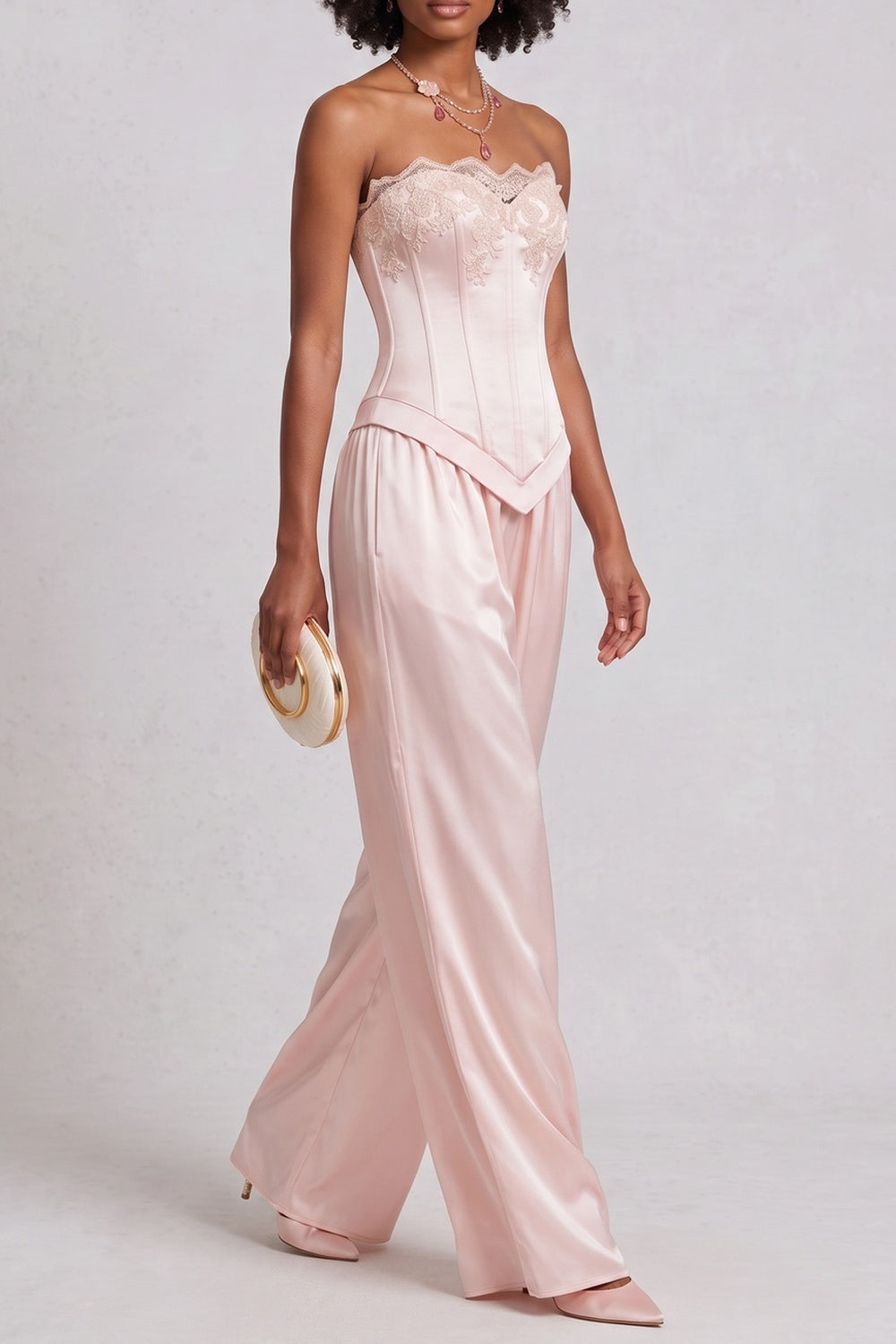 STRAPLESS LACE SATIN TOP & WIDE LEG PANT SET