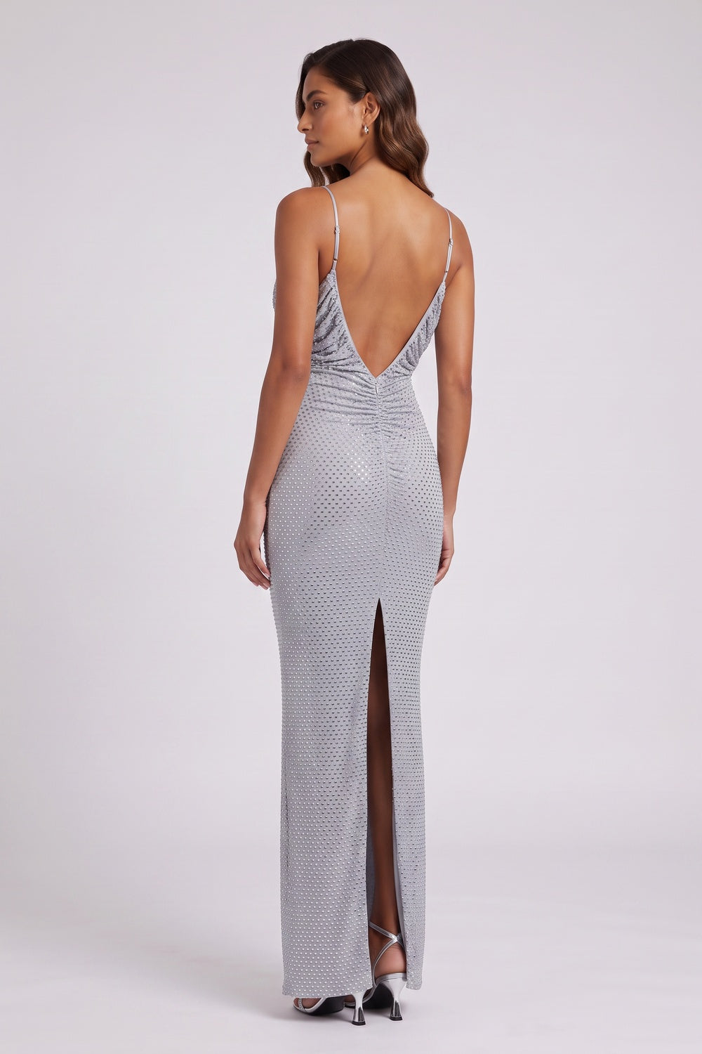 9c6822a96d675dbe SILVER METALLIC KNIT COLUMN GOWN FOR EVENING