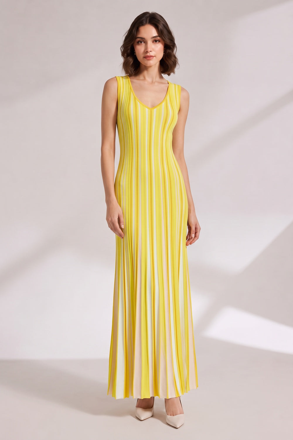 9c88cbf0aa45b3ba YELLOW VERTICAL STRIPE MAXI DRESS FOR SUMMER