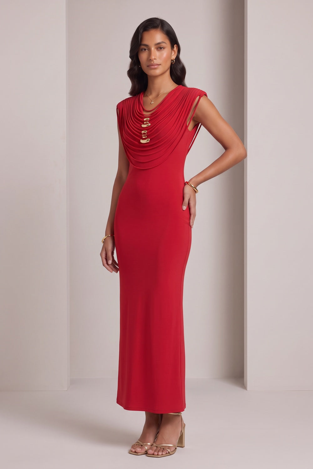 9cb5400a133457be RED FITTED COLUMN DRESS | STRETCH CREPE PARTY