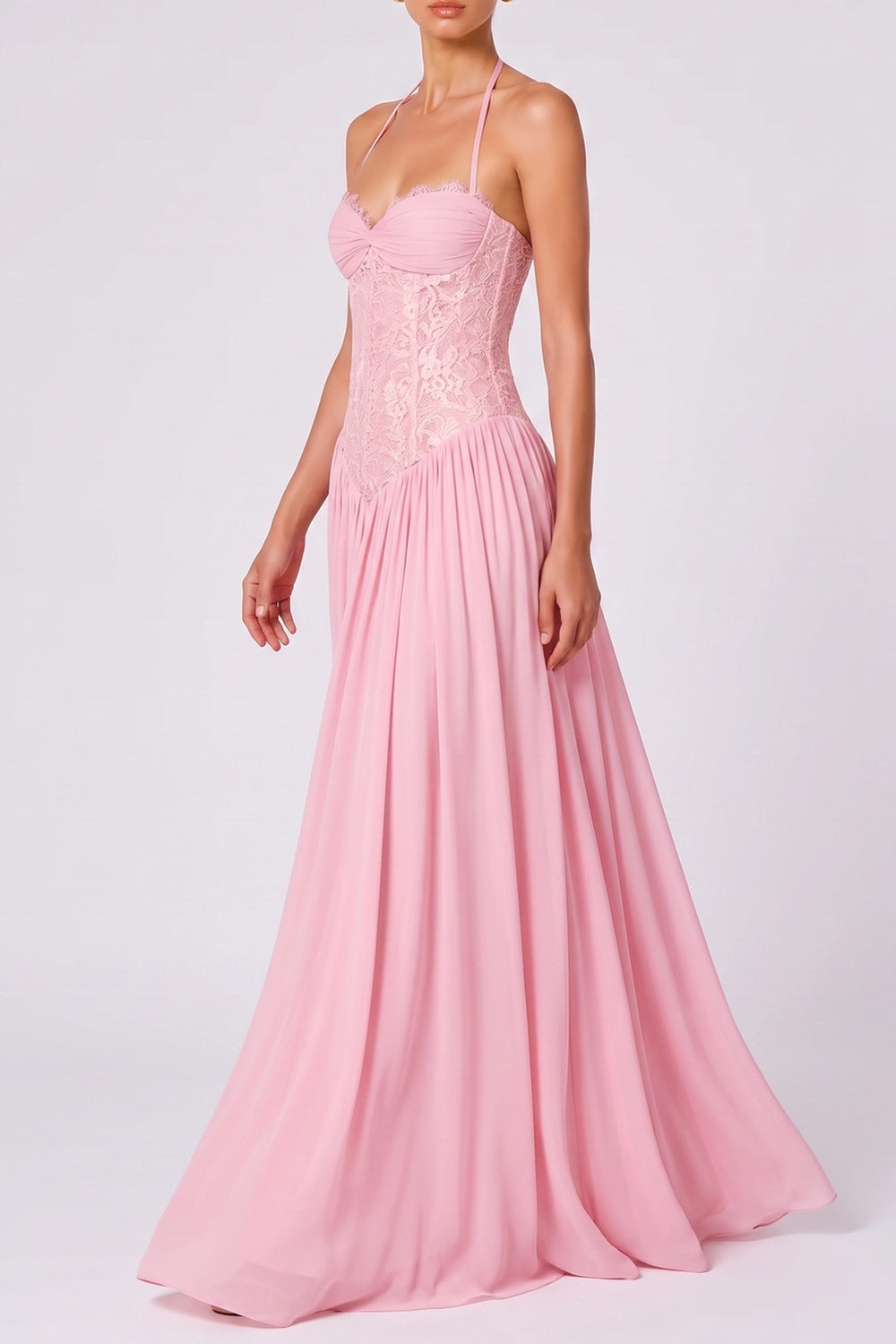 HALTER TWIST BUST LACE CORSET CHIFFON MAXI DRESS