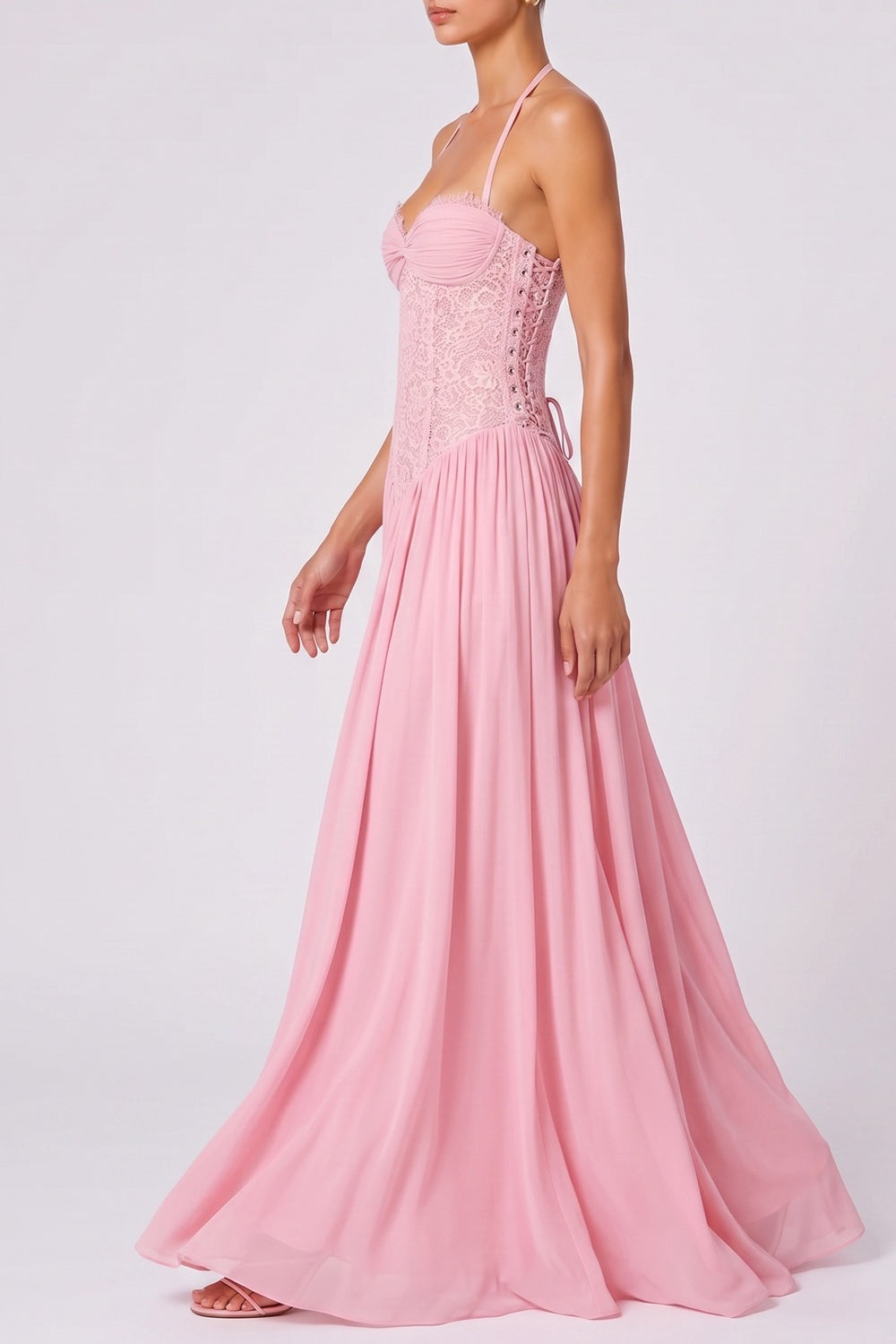 HALTER TWIST BUST LACE CORSET CHIFFON MAXI DRESS