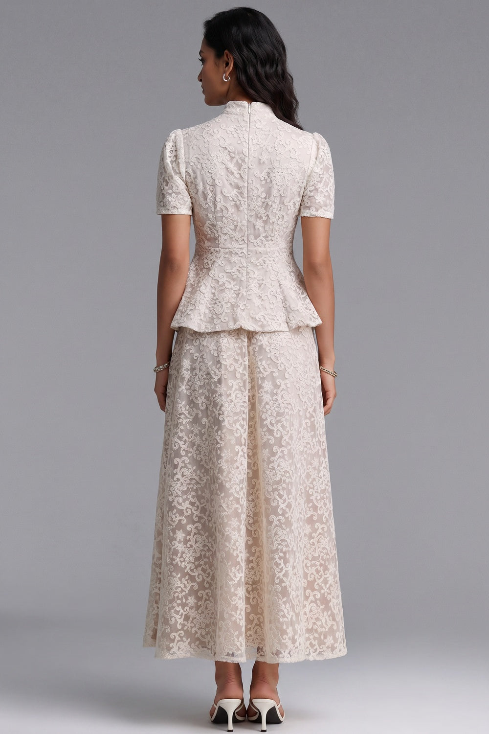 9dabf453820ffc7a IVORY LACE PEPLUM TOP & A-LINE MAXI SKIRT SET