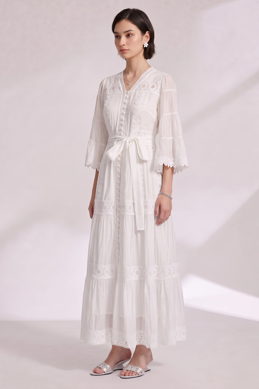 9dae3860951e438e WHITE LACE TIERED A-LINE MAXI DRESS