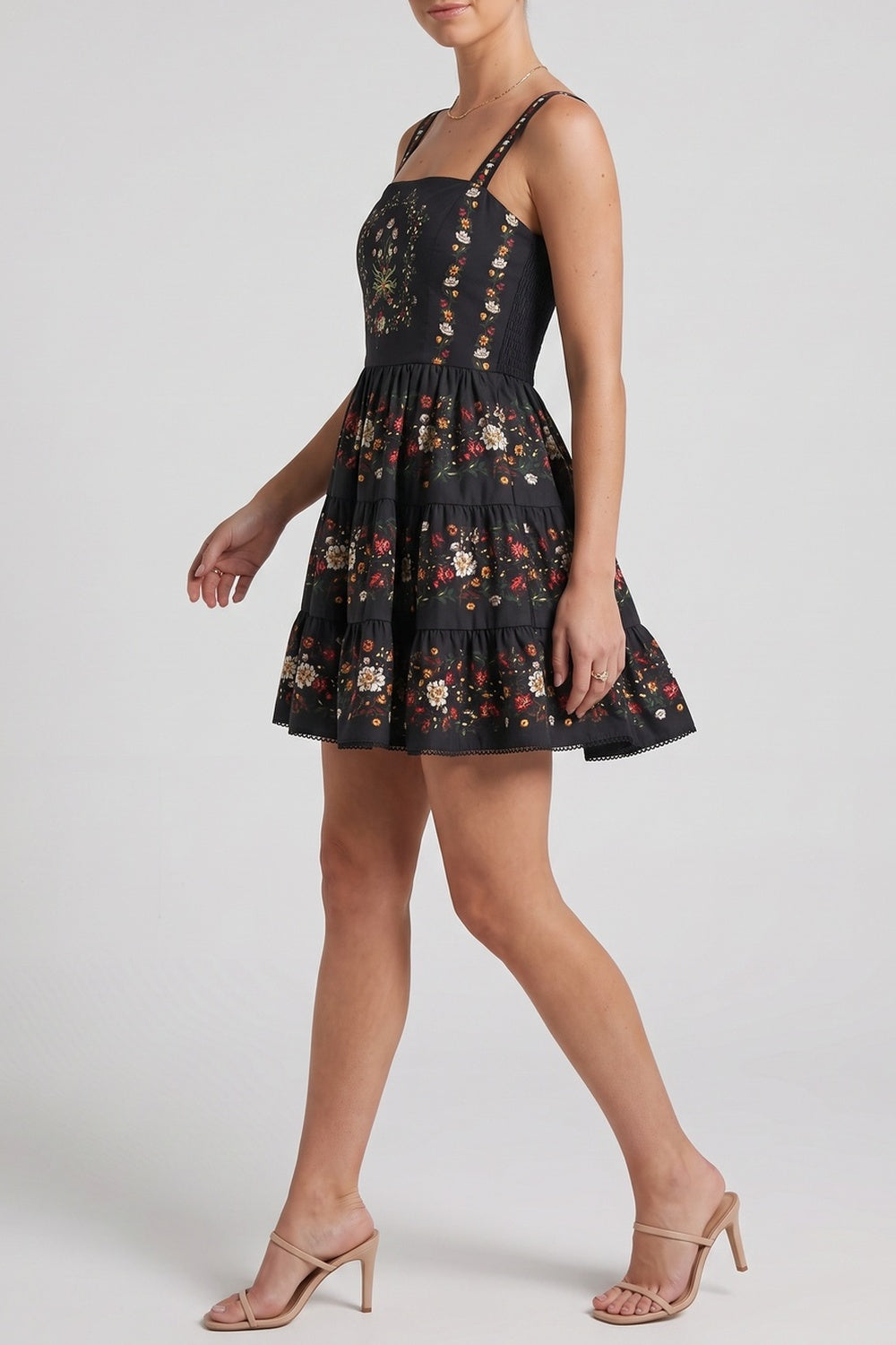 9dc03bebc085a828 SQUARE NECK FLORAL TIERED SPAGHETTI STRAP MINI DRESS