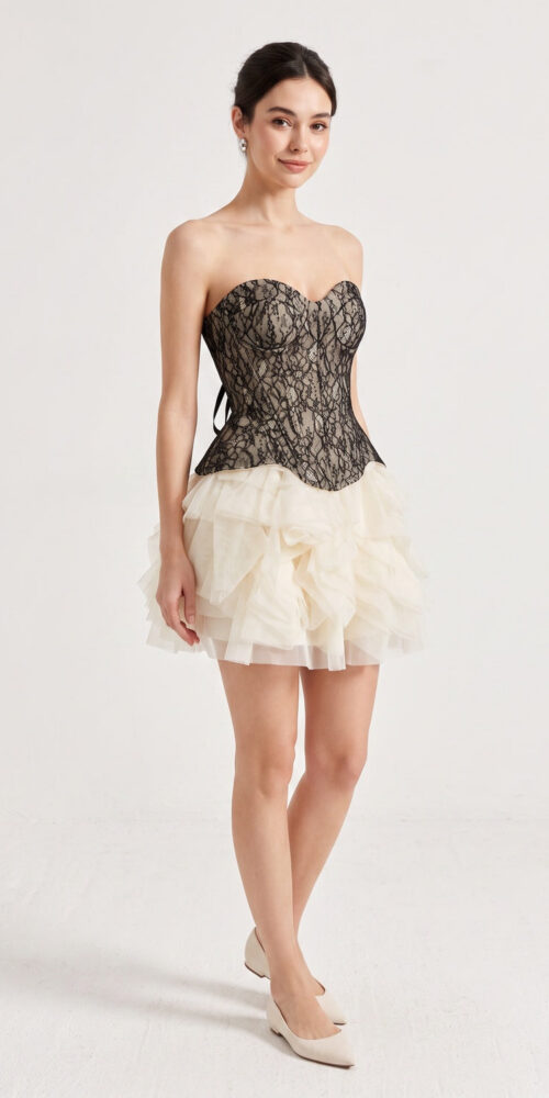 9de091d0c90da344 STRAPLESS LACE CORSET RUFFLE TULLE MINI DRESS