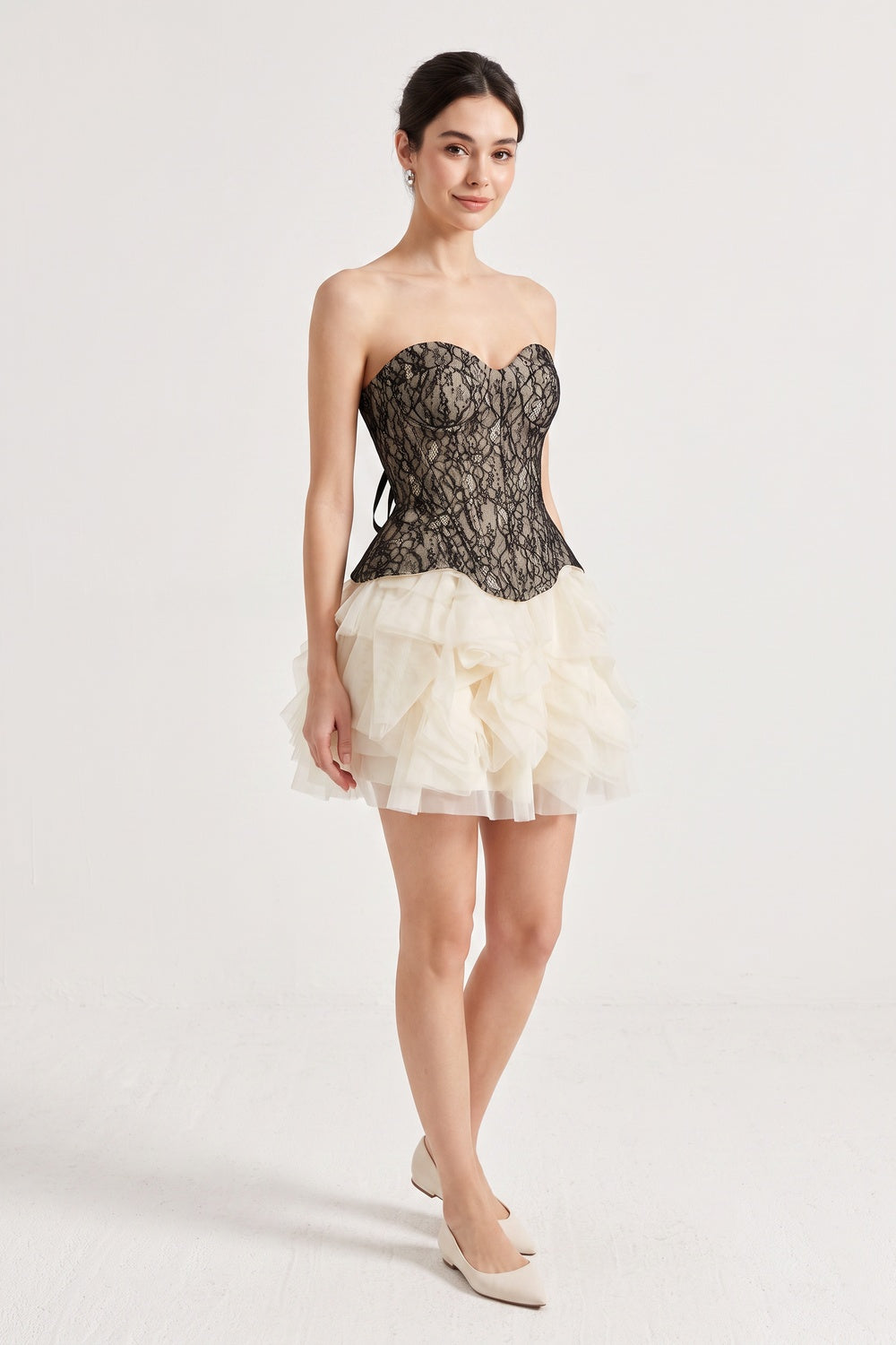9de091d0c90da344 STRAPLESS LACE CORSET RUFFLE TULLE MINI DRESS