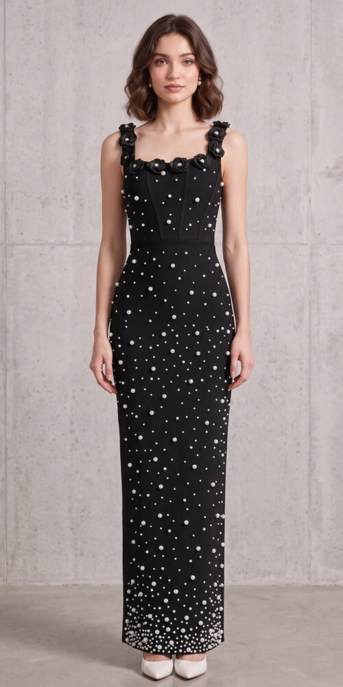 9ded126121c57b63 BLACK COLUMN MAXI DRESS PEARL EMBELLISHED FORMAL