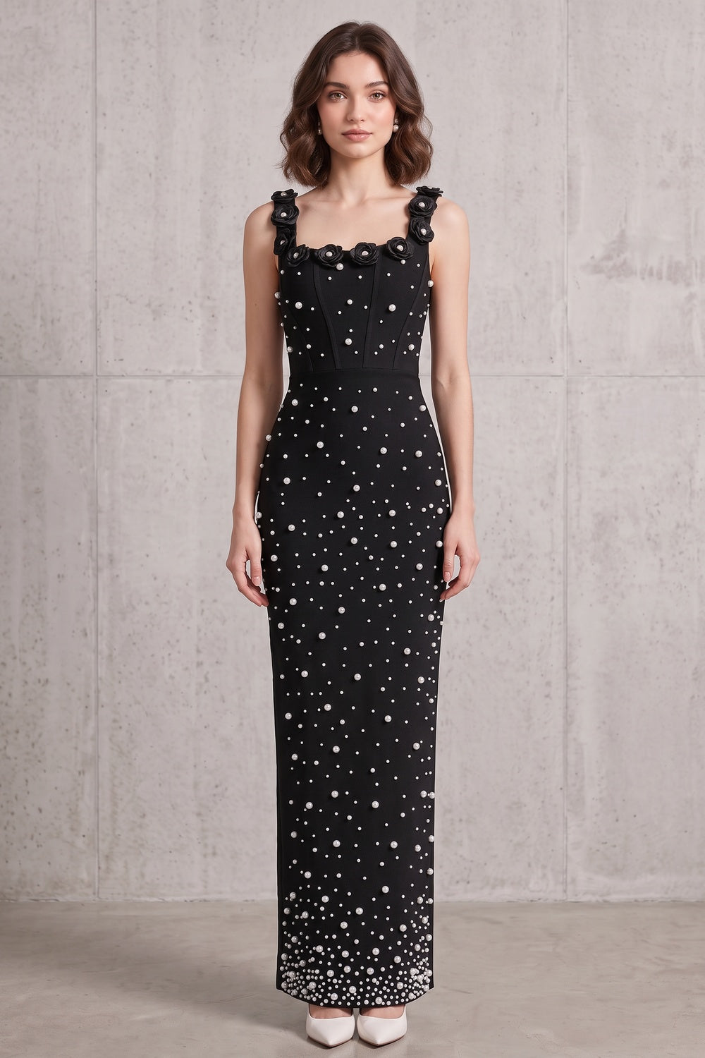9ded126121c57b63 BLACK COLUMN MAXI DRESS PEARL EMBELLISHED FORMAL