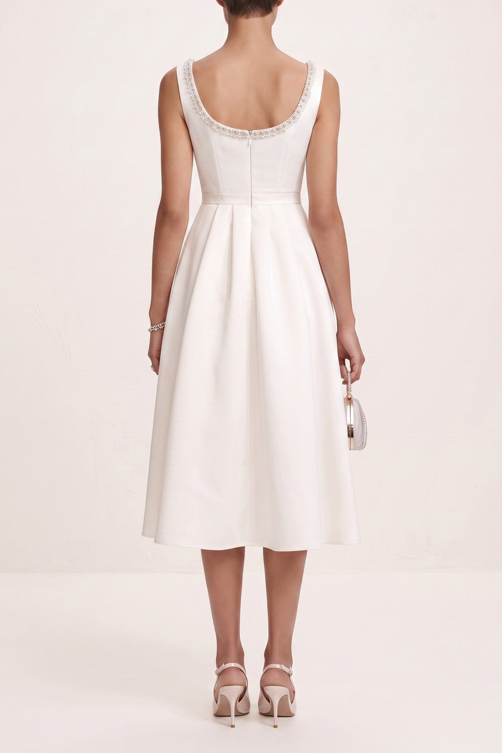9df73956aca6d4ad CRYSTAL SQUARE NECK BOW WAIST A-LINE MIDI DRESS