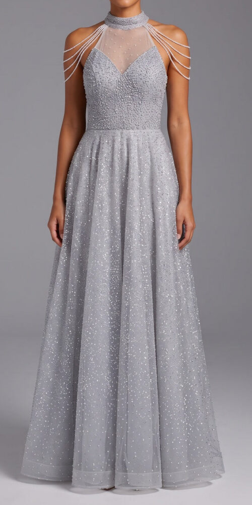 SILVER TULLE A-LINE BALL GOWN FOR EVENING