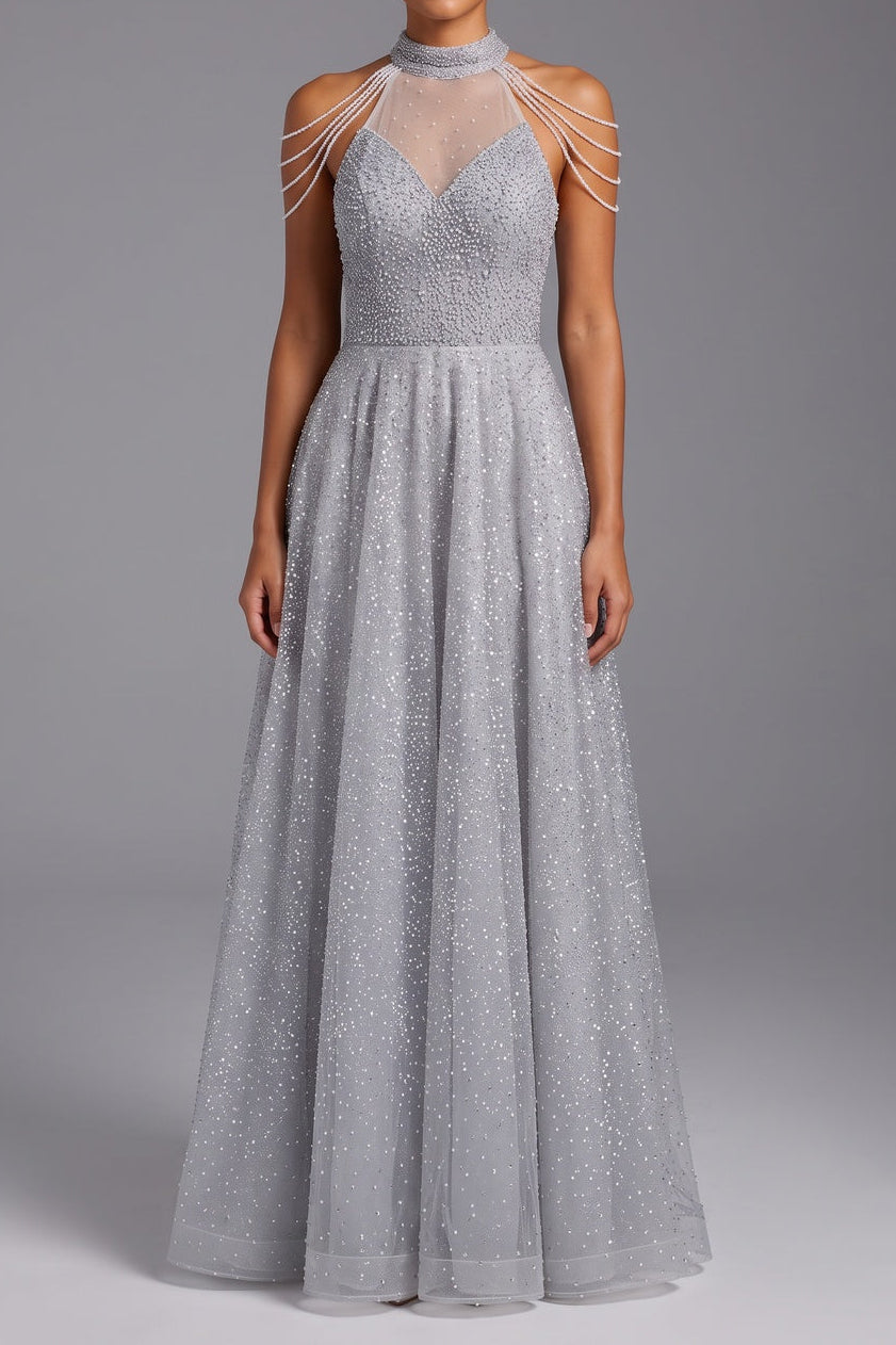 9df8b783e9f223e6 SILVER TULLE A-LINE BALL GOWN FOR EVENING