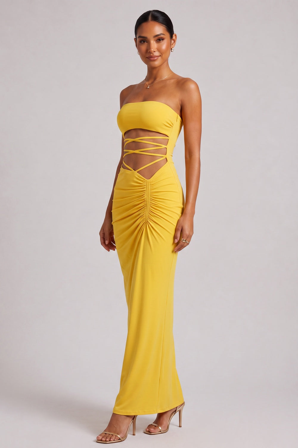 9e42257920e62ab6 YELLOW STRAPLESS MAXI DRESS SIDE CUTOUT PARTY