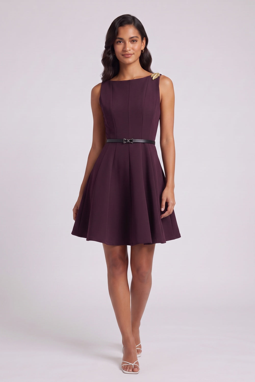 9e8cdaaef3e9b5a3 DEEP PLUM FIT-AND-FLARE CREPE MINI DRESS