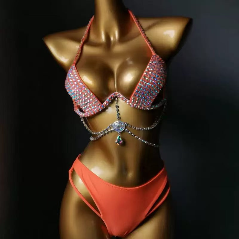 ORANGE RHINESTONE HALTER BIKINI SET W/ BODY CHAIN