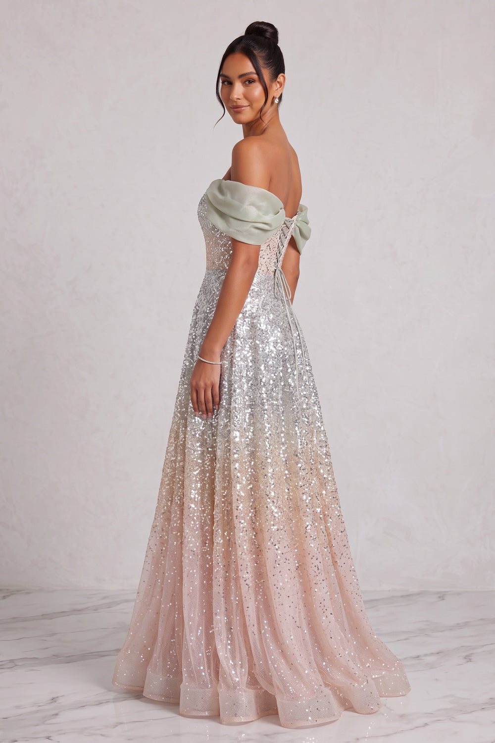 9eb138d72c3be13d SILVER SEQUIN TULLE A-LINE EVENING GOWN