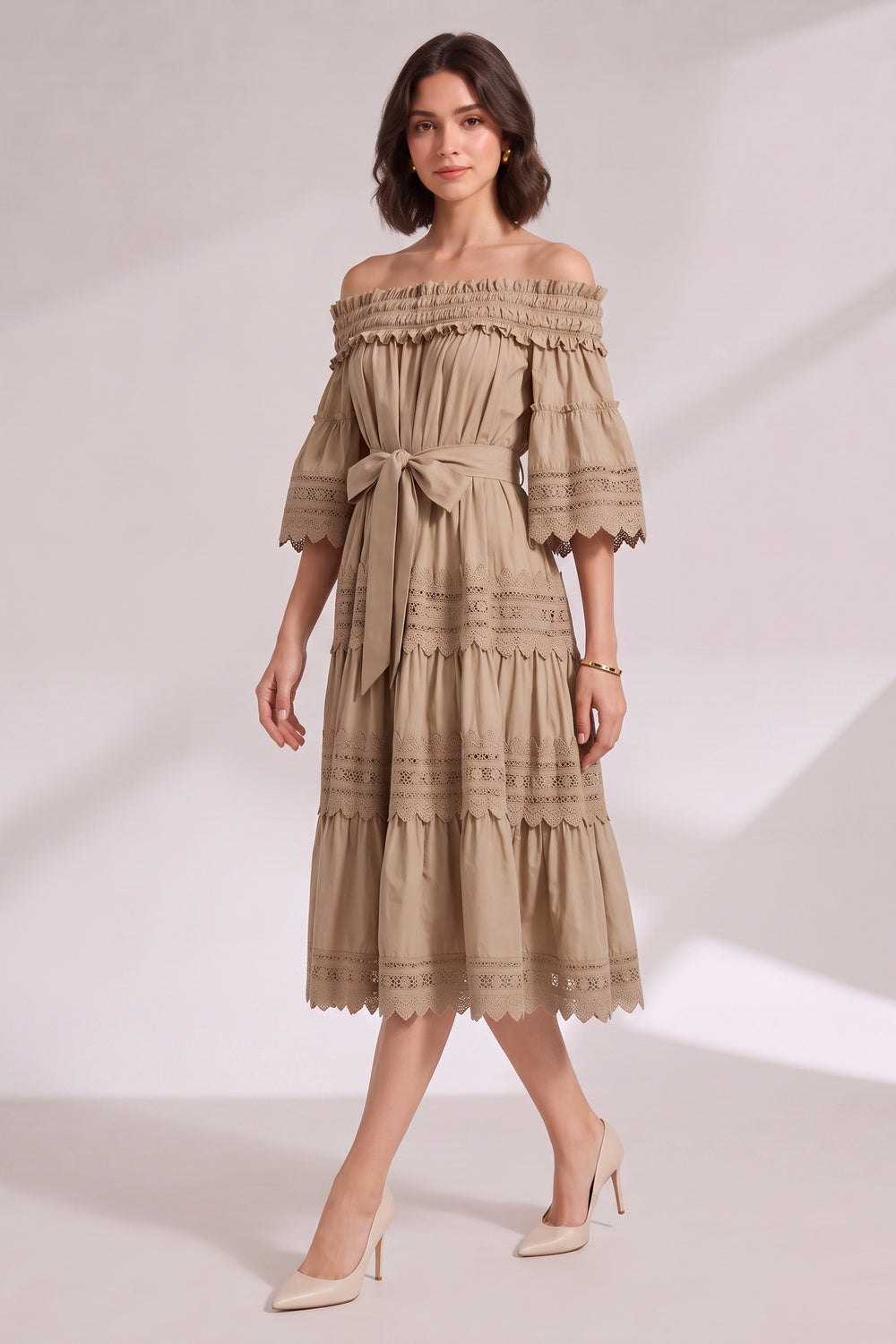 BEIGE OFF-SHOULDER TIERED MIDI DRESS LACE