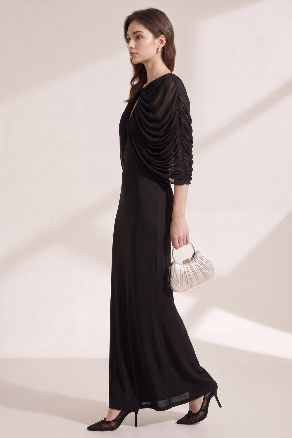 9f4bf0a29e4fed18 BLACK MATTE JERSEY COLUMN GOWN WITH DRAPED CAPELET