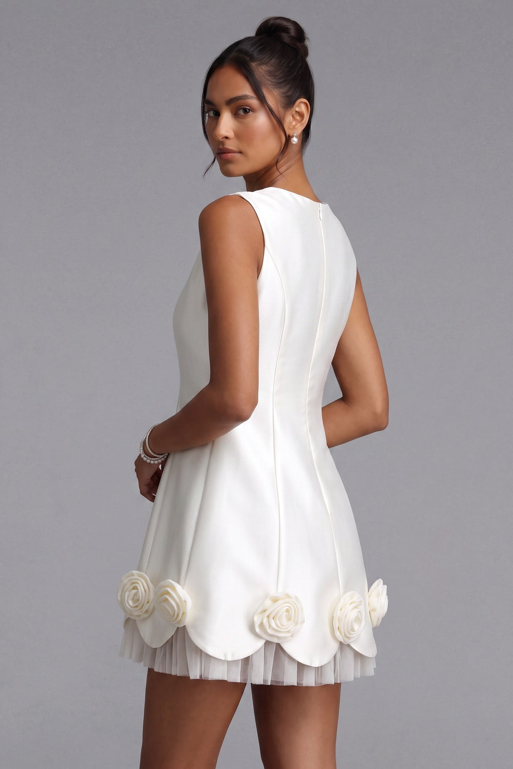 9fbf06d99ba051c9 WHITE MINI DRESS ROSE APPLIQUÉ BOW DETAIL COCKTAIL