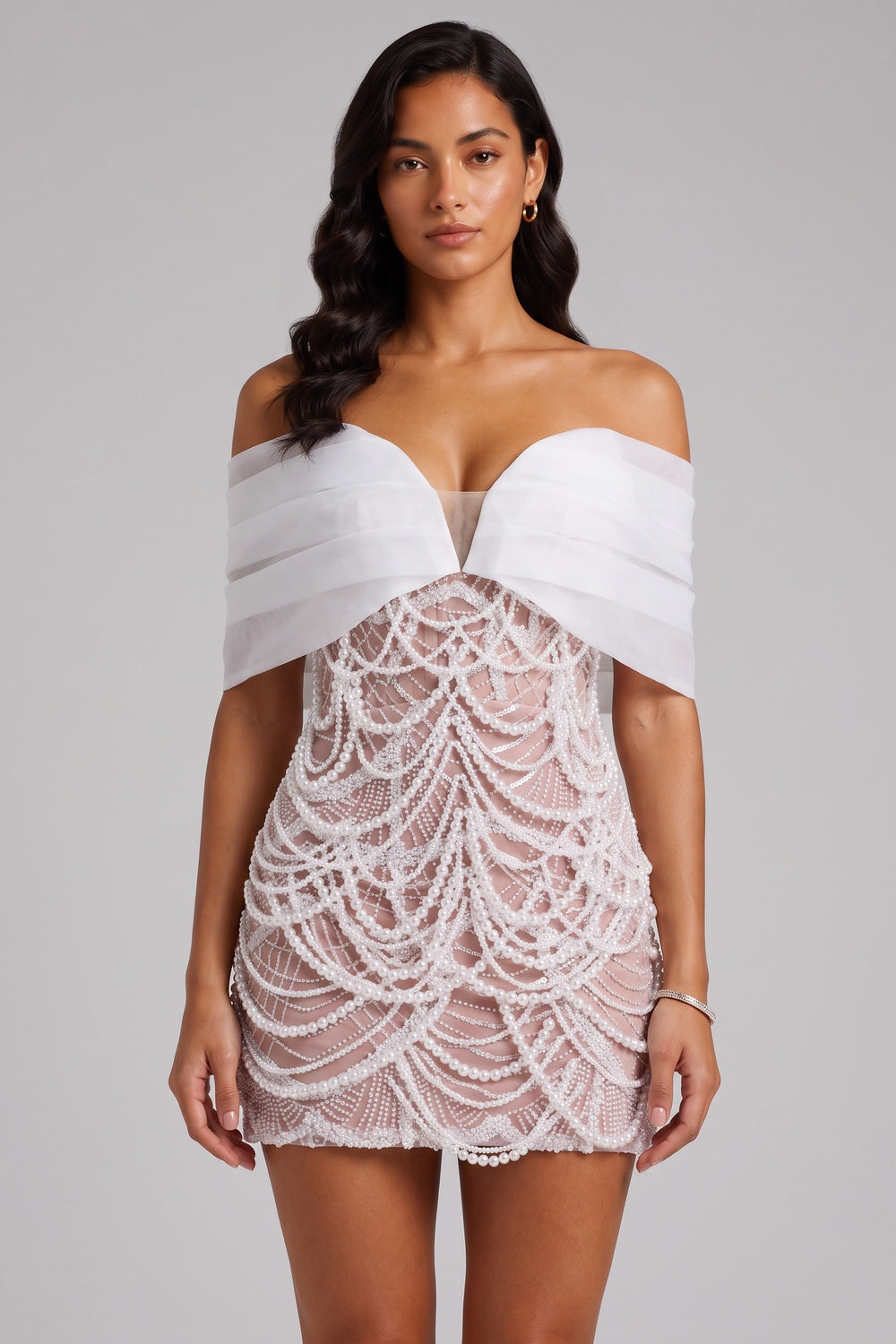 9fe5b361864a118c OFF SHOULDER ORGANZA PEARL MINI BODYCON DRESS