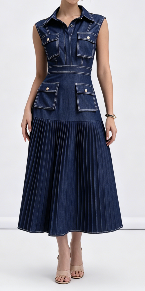 A_B DARK DENIM SLEEVELESS CARGO POCKET SHIRT TOP PLEATED MIDI DRESS