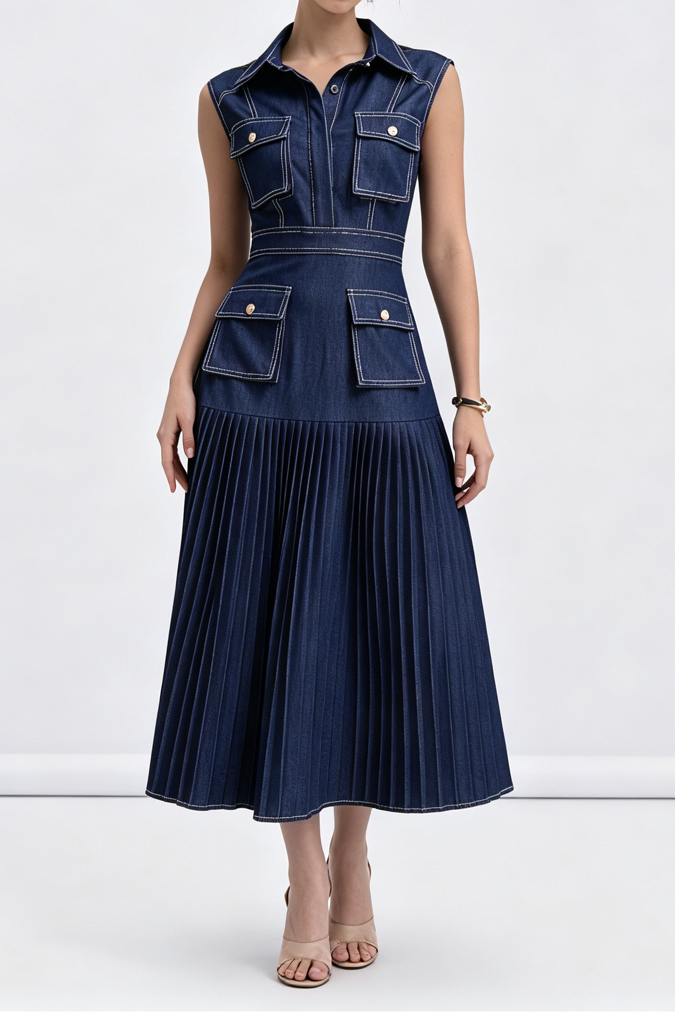 A_B DARK DENIM SLEEVELESS CARGO POCKET SHIRT TOP PLEATED MIDI DRESS