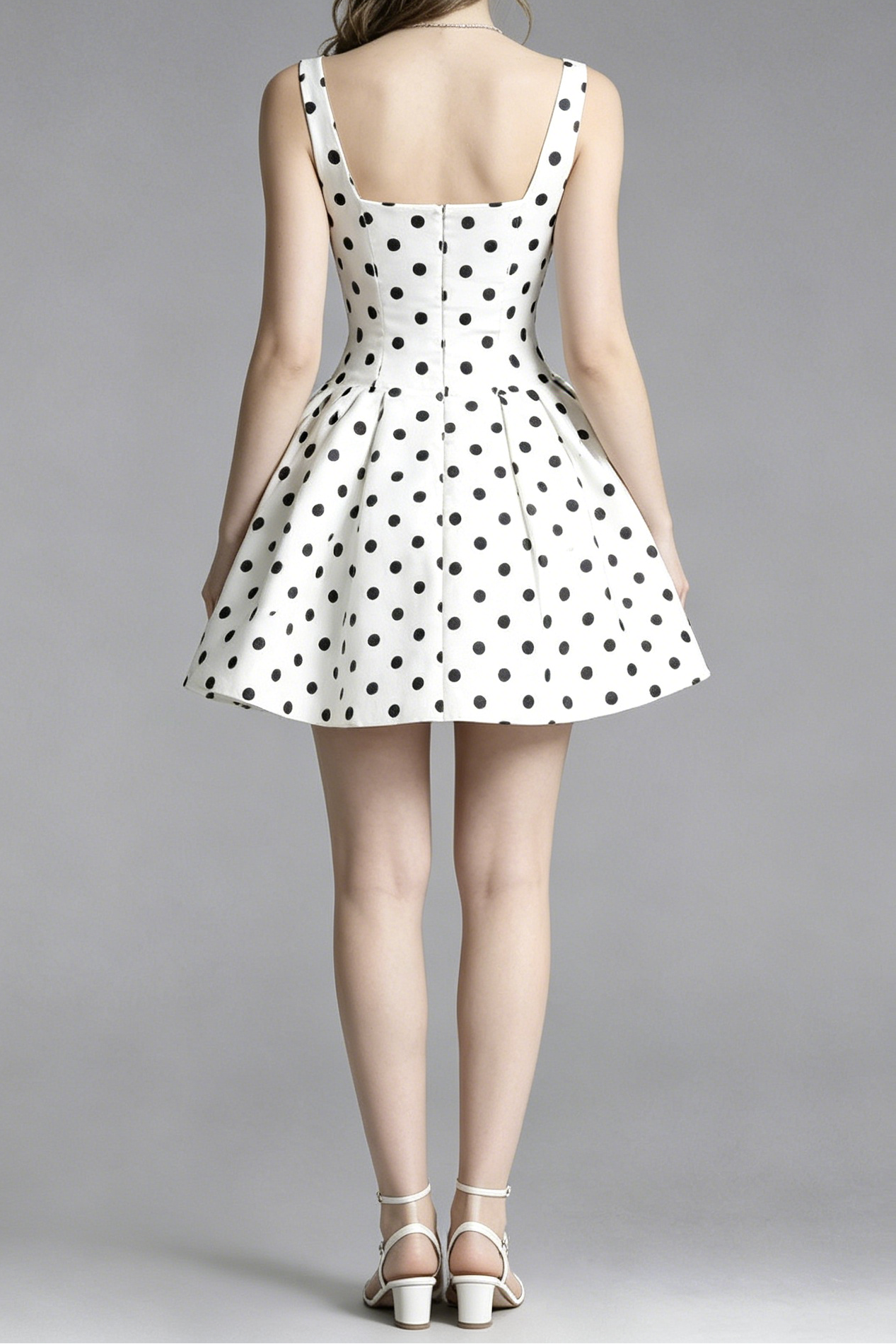 A_B_12_7c05cfc1-b1bd-4fa9-9be8-5d9cb1d55ff1 WHITE BLACK POLKA DOT SATIN SQUARE NECK SLEEVELESS FIT & FLARE MINI DR