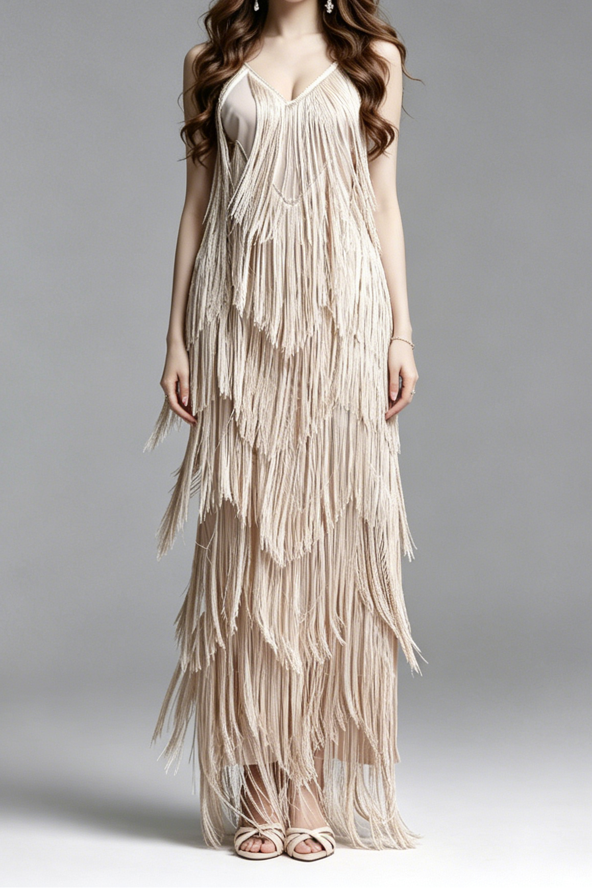 A_B_17 CHAMPAGNE FRINGE V-NECK MAXI PARTY DRESS