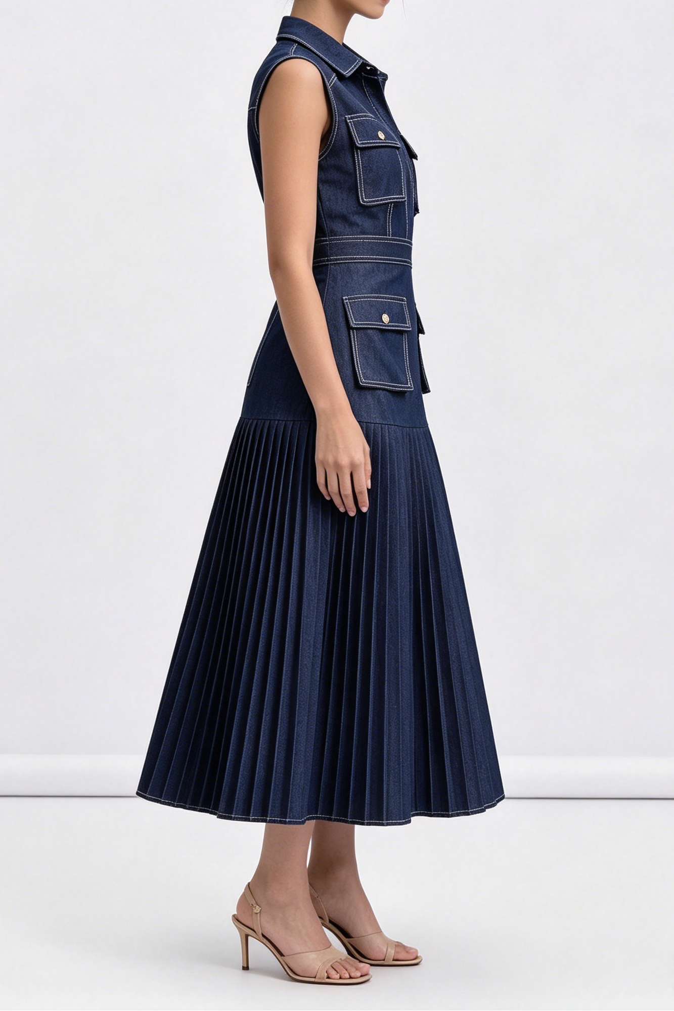 A_B_1_6d9aa405-3e6c-4624-b7c4-5d690ec7a6bd DARK DENIM SLEEVELESS CARGO POCKET SHIRT TOP PLEATED MIDI DRESS